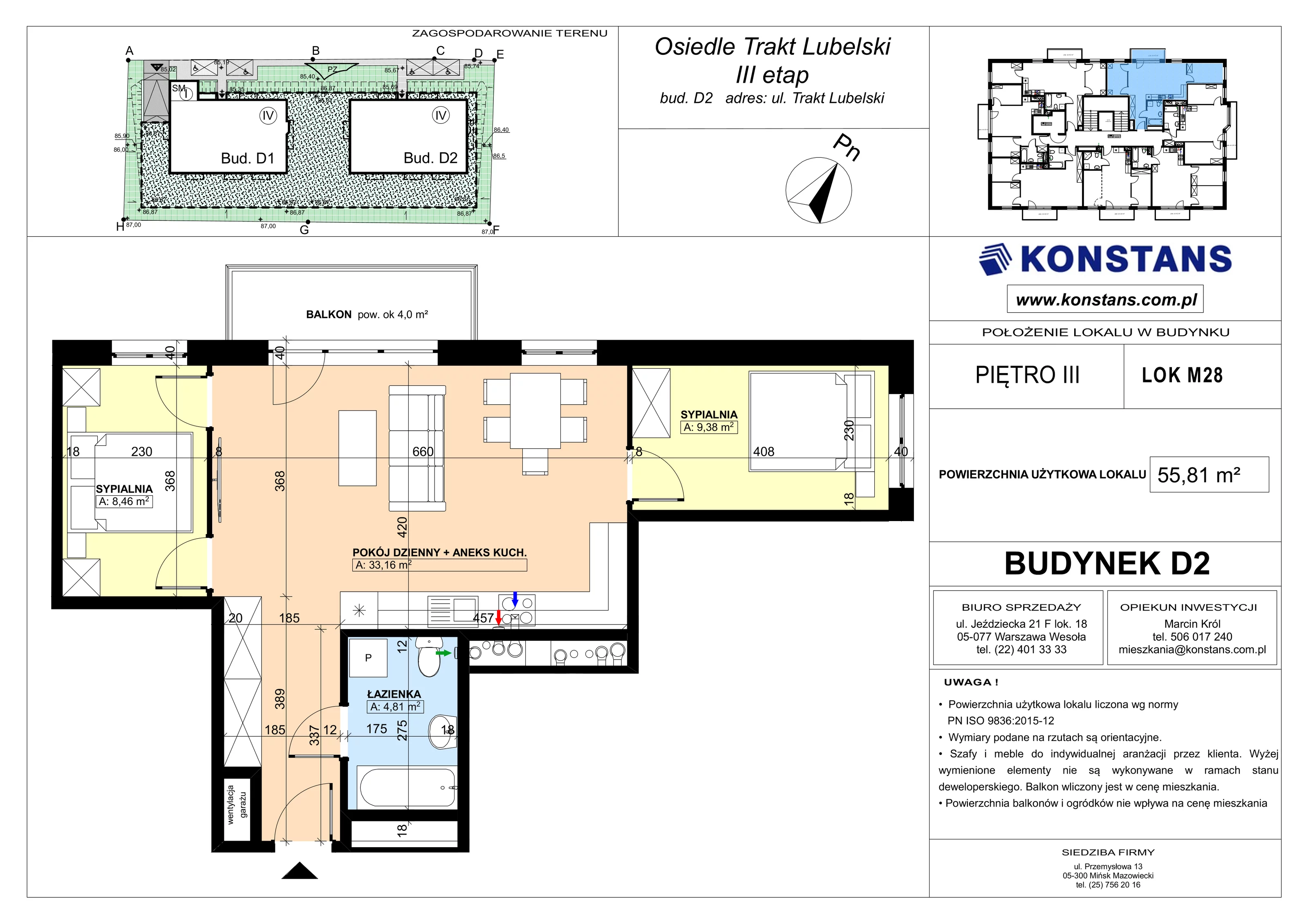 3 pokoje, mieszkanie 55,81 m², piętro 3, oferta nr D2.28, Trakt Lubelski Etap III, Warszawa, Wawer, Zbytki, ul. Trakt Lubelski 181C/181D